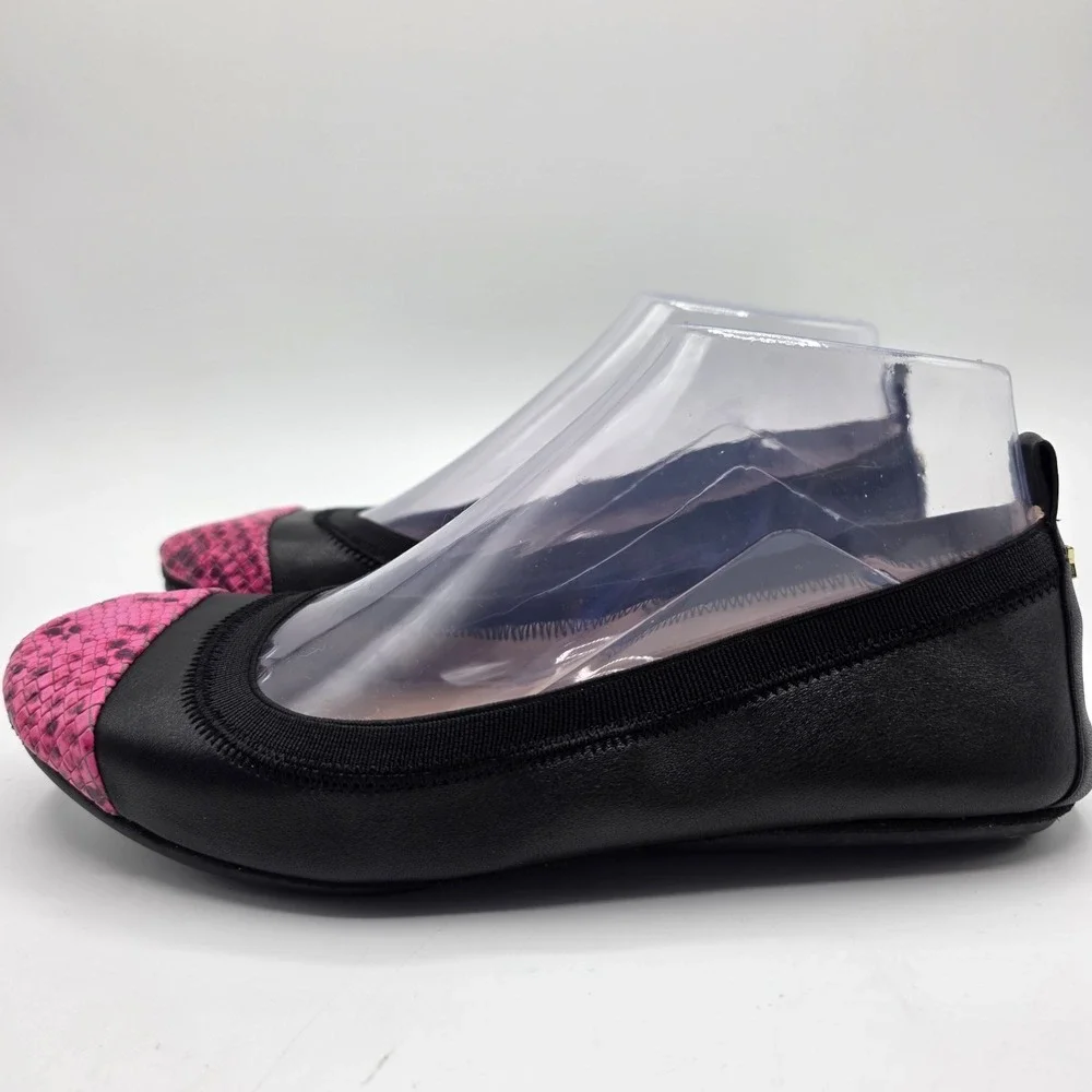 Yosi Samra Ballet Flats Samantha Womens 6 Black Leather Pink Snakeskin Foldable
